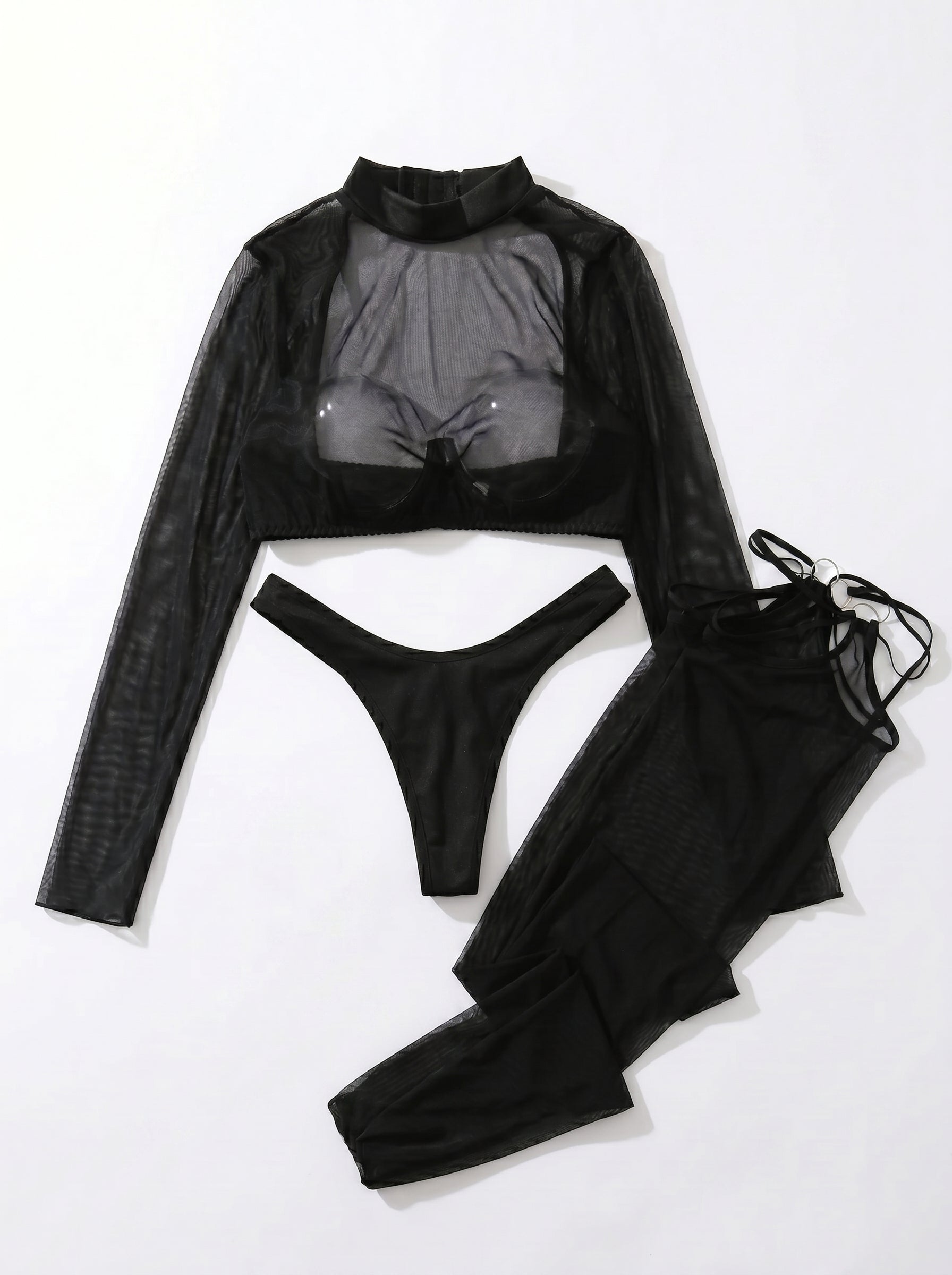 Sheer Mesh Long Sleeve 3 Piece Lingerie Set