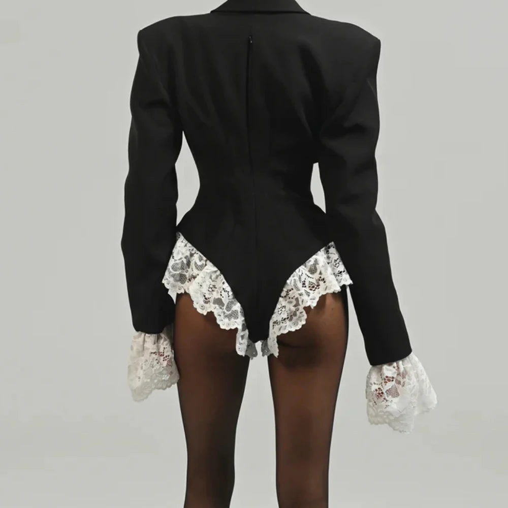 BLACK SPLICED JUMPSUIT BLAZER with RUFFLES
