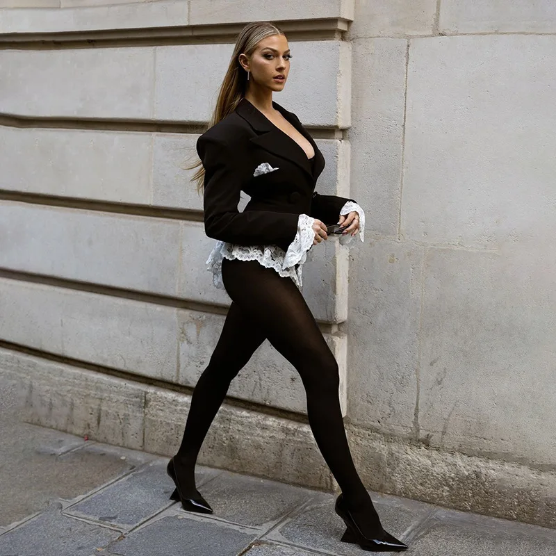 BLACK SPLICED JUMPSUIT BLAZER with RUFFLES