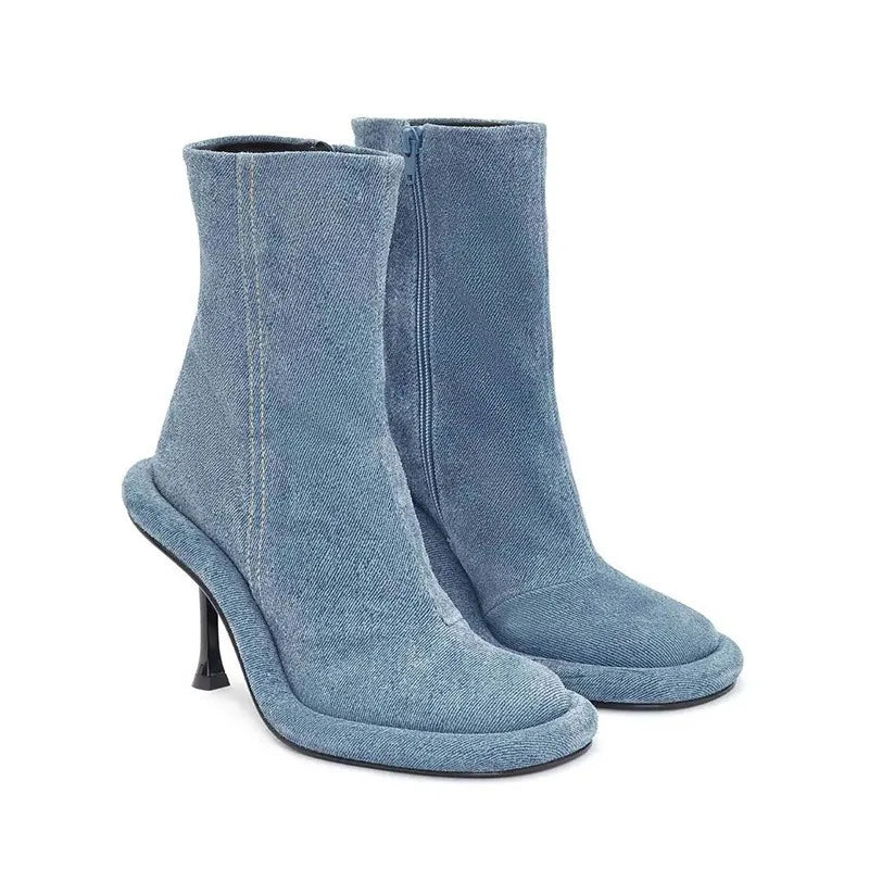 Blue denim ankle boots with rounded-square toe and high heel