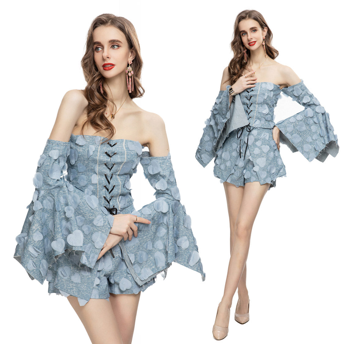 DENIM SHORTS and FLARE SLEEVE LACE UP TOP 2 PIECE SET