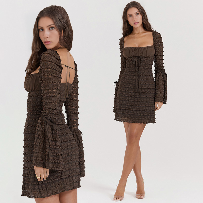 Back view of brown long sleeve ruffle mini cocktail dress