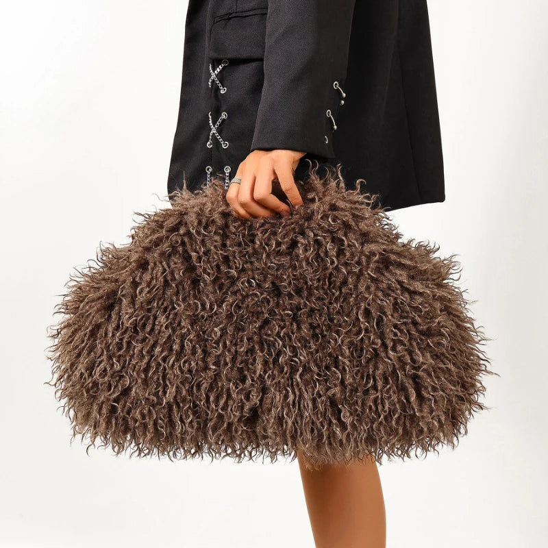 Brown oversized fuzzy kiss-lock clutch bag for women