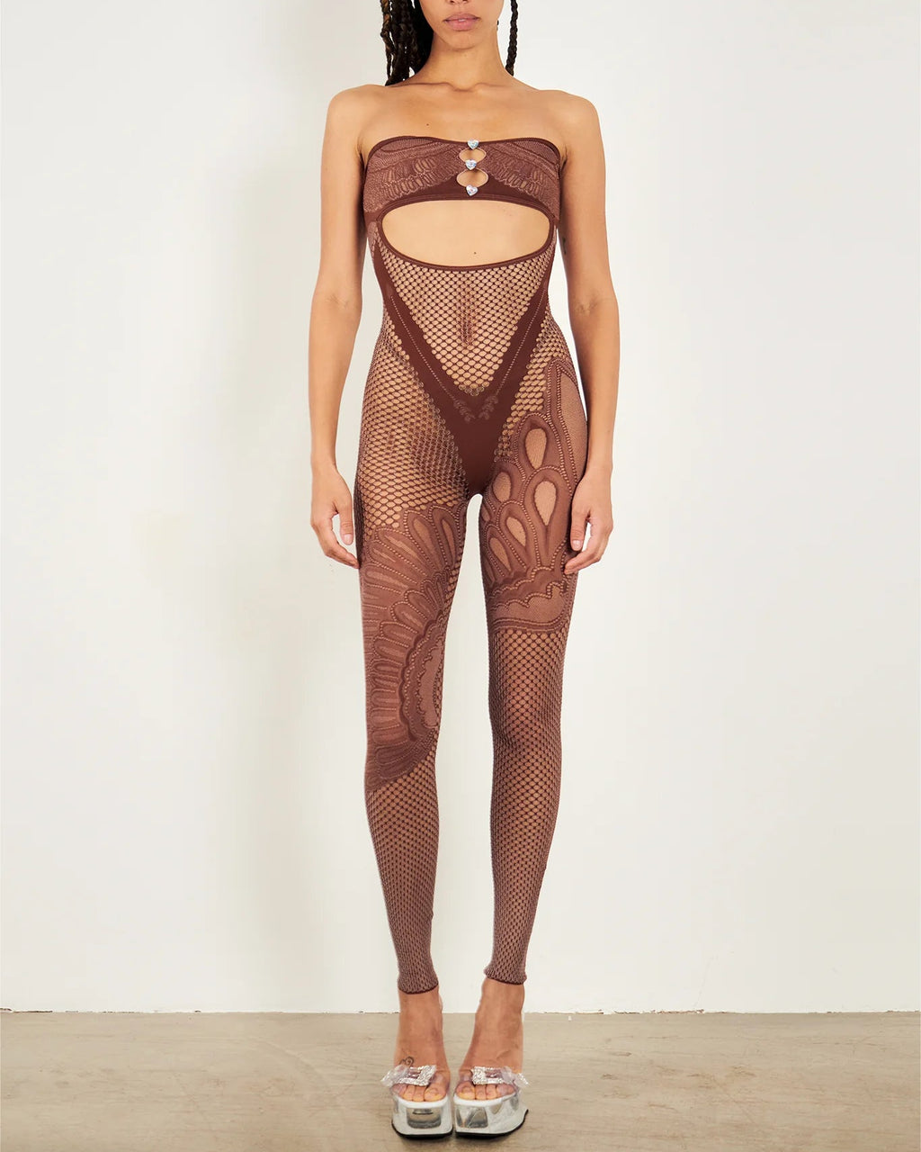 Brown Fishnet Cutout Bodysuit Jumpsuit