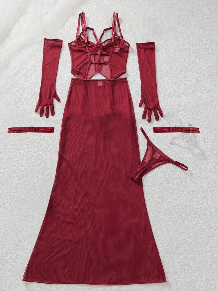 Burgundy Sheer Mesh Lingerie Set with Maxi Skirt & Gloves