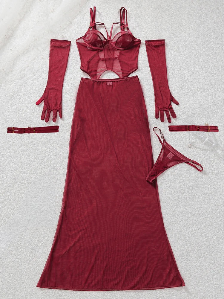 Burgundy Sheer Mesh Lingerie Set with Maxi Skirt & Gloves