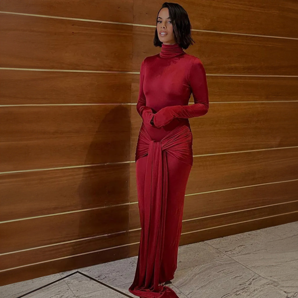 OLVY HIGH NECK LONG SLEEVE MAXI DRESS with TRAIN