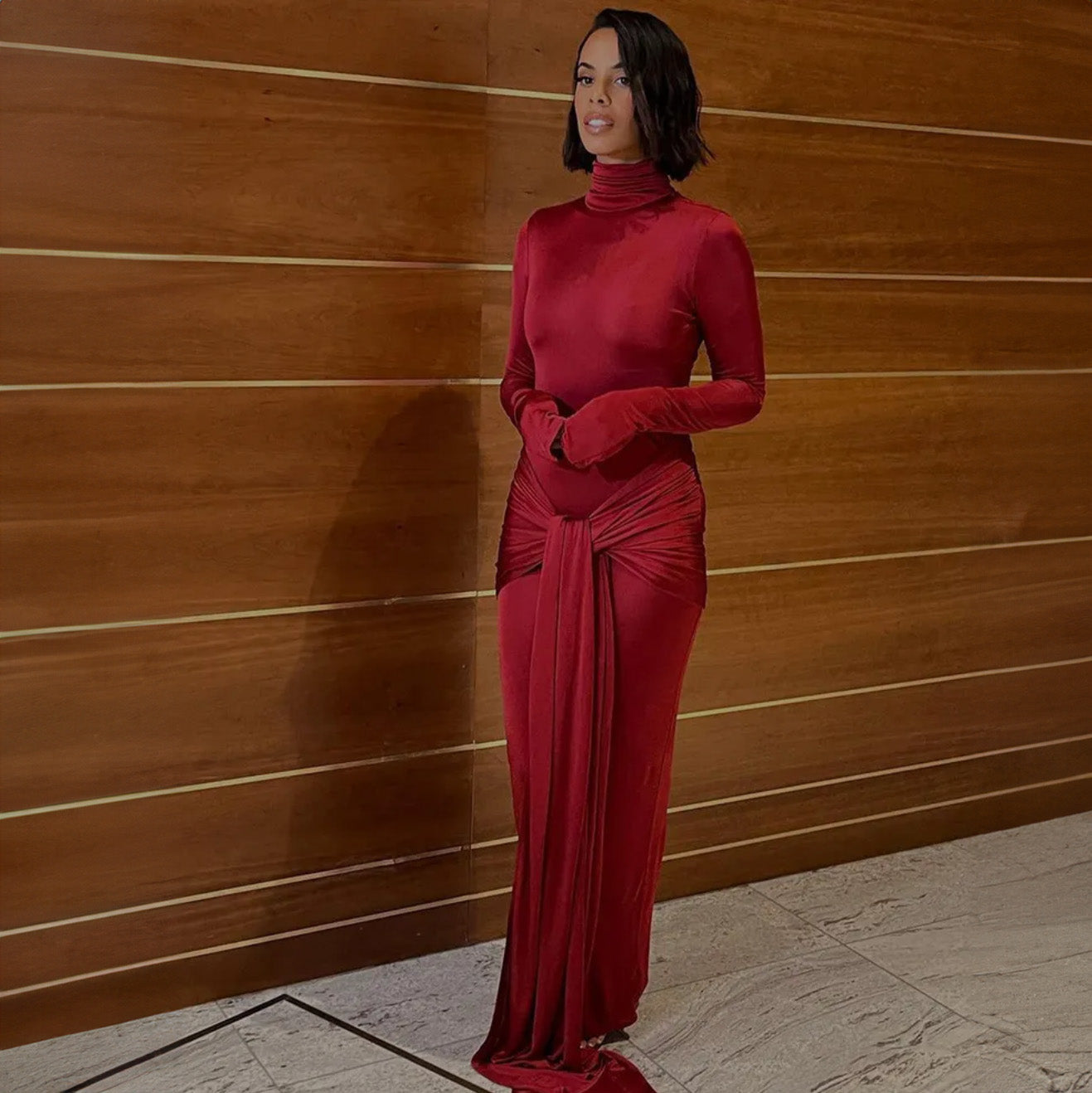 OLVY HIGH NECK LONG SLEEVE MAXI DRESS with TRAIN