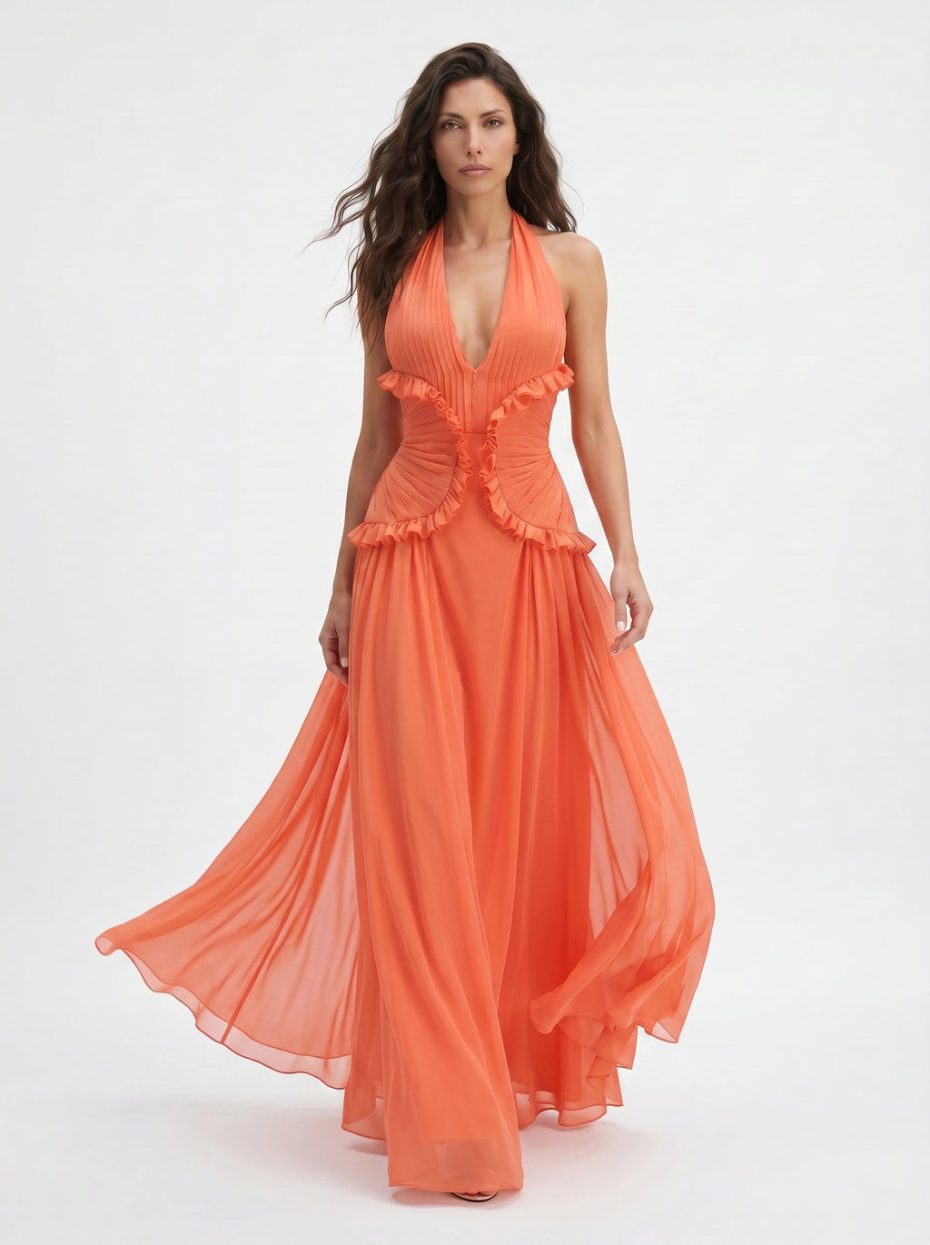 Coral Halter Maxi Dress – Backless V Neck Ruffle Evening Gown