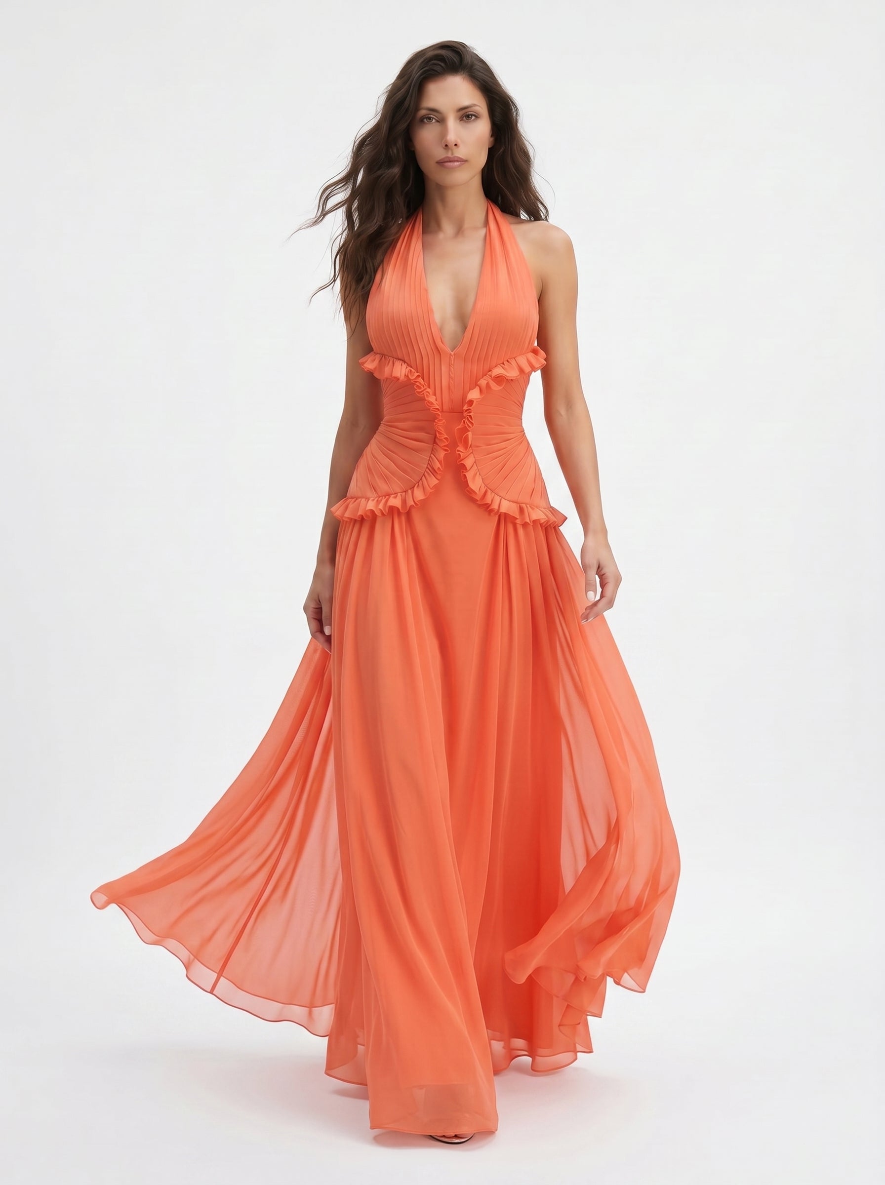 Coral Halter Maxi Dress – Backless V Neck Ruffle Evening Gown