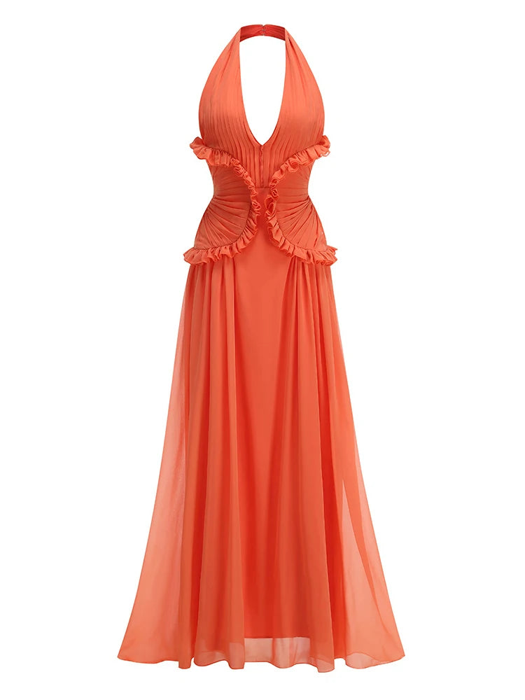 Coral Halter Maxi Dress – Backless V Neck Ruffle Evening Gown