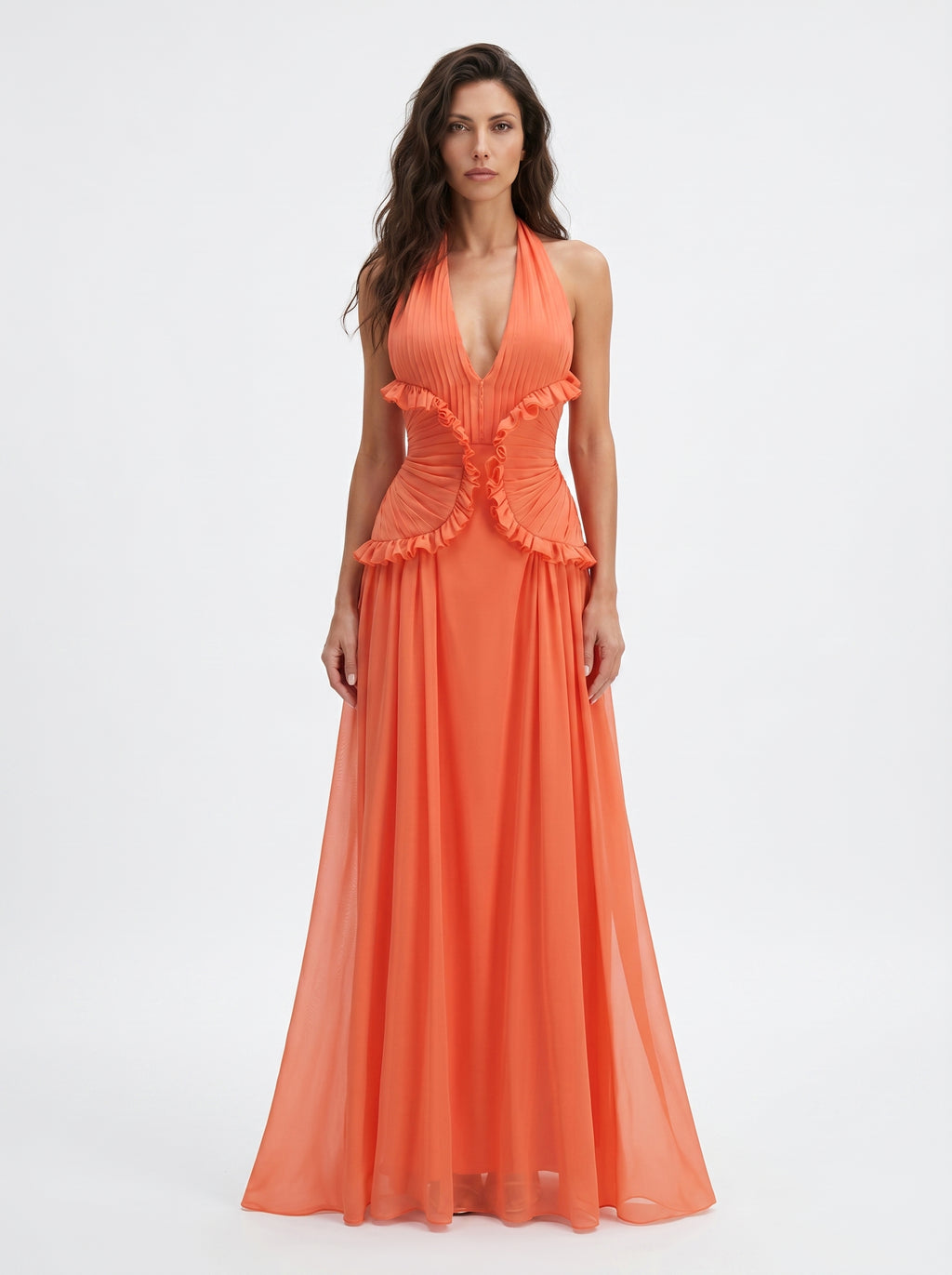 Coral Halter Maxi Dress – Backless V Neck Ruffle Evening Gown