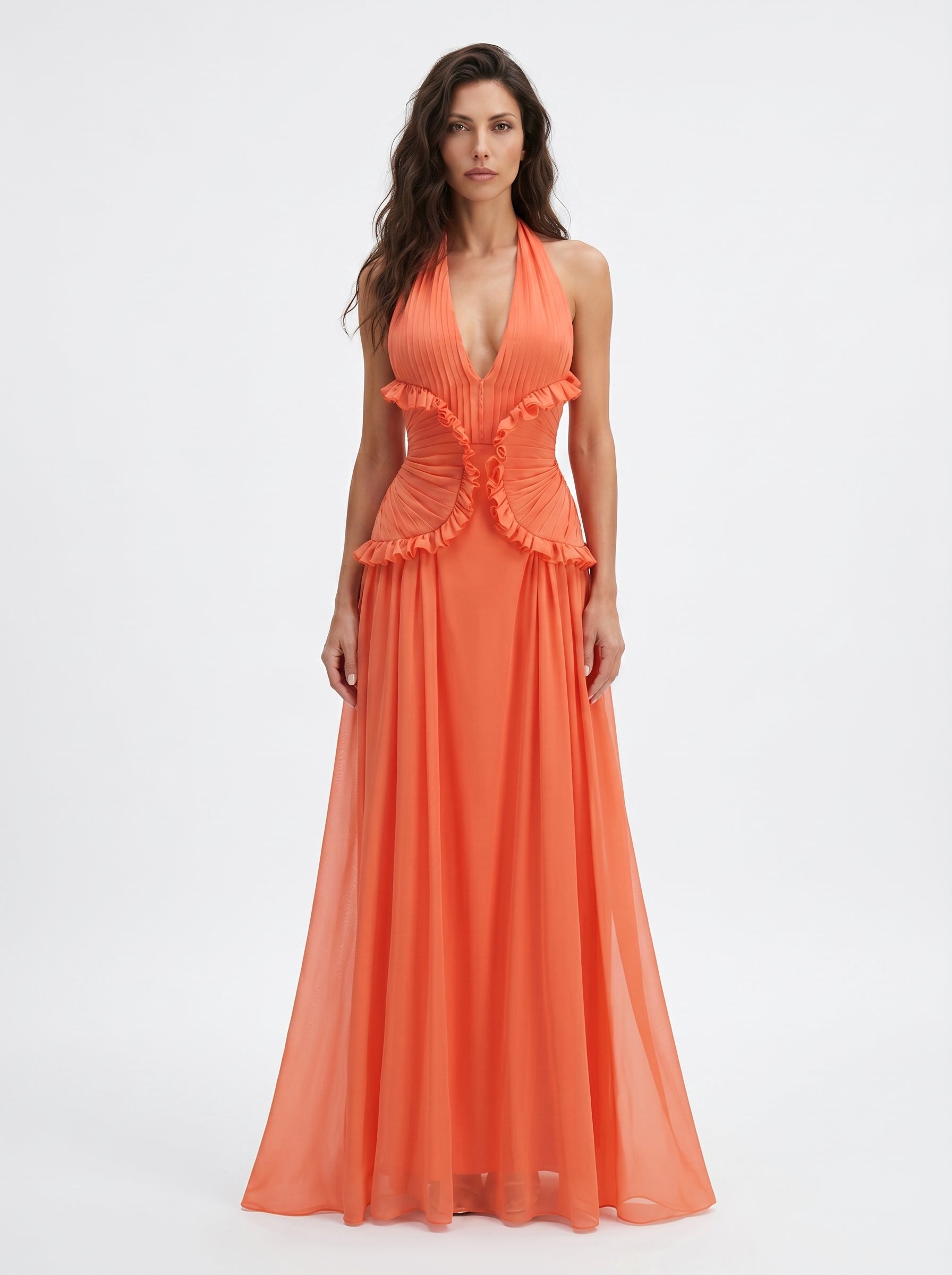 Coral Halter Maxi Dress – Backless V Neck Ruffle Evening Gown