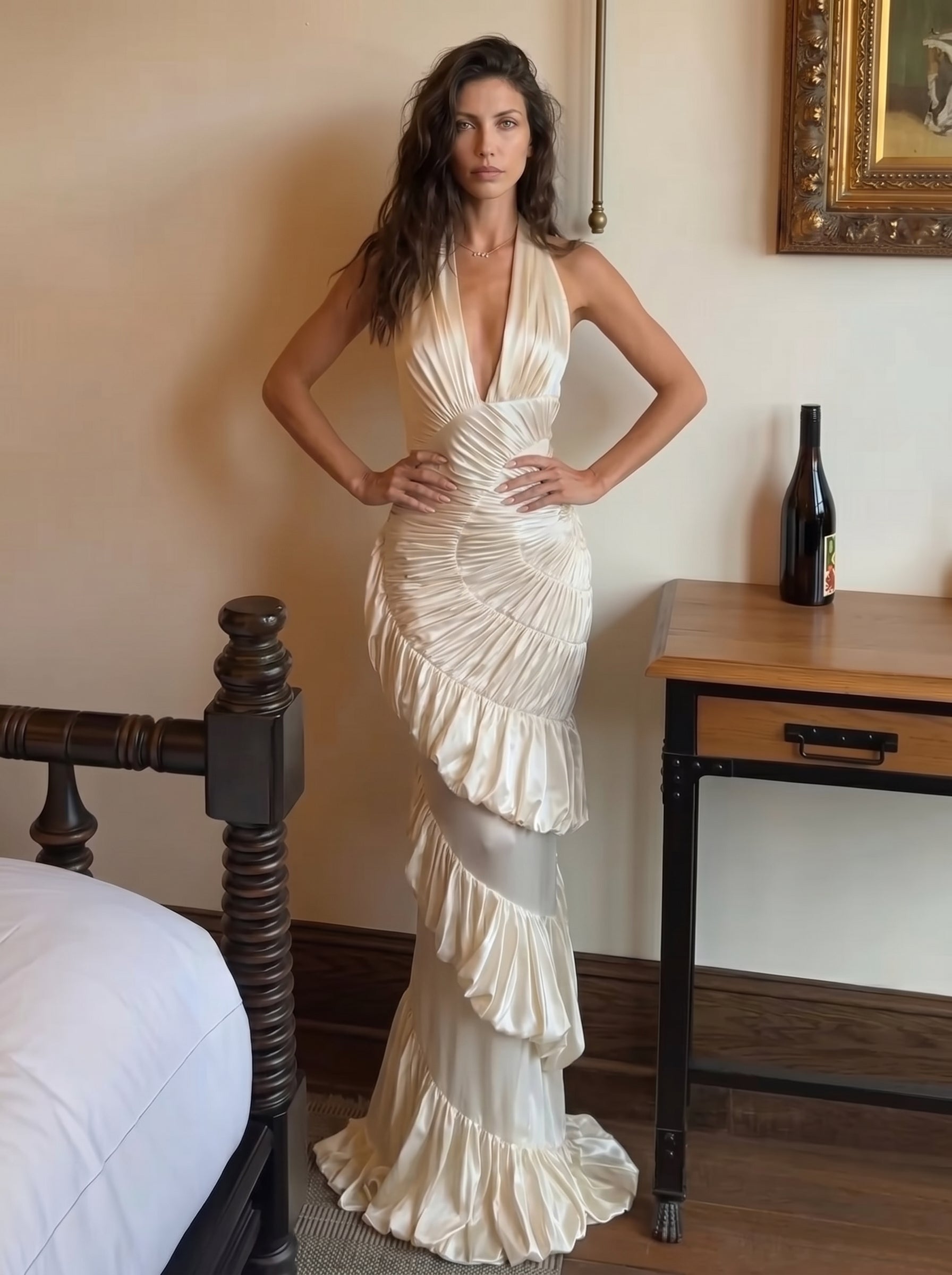 Beige Halter Mermaid Maxi Dress – 3D Ruffle Waist-Cinching Evening Gown