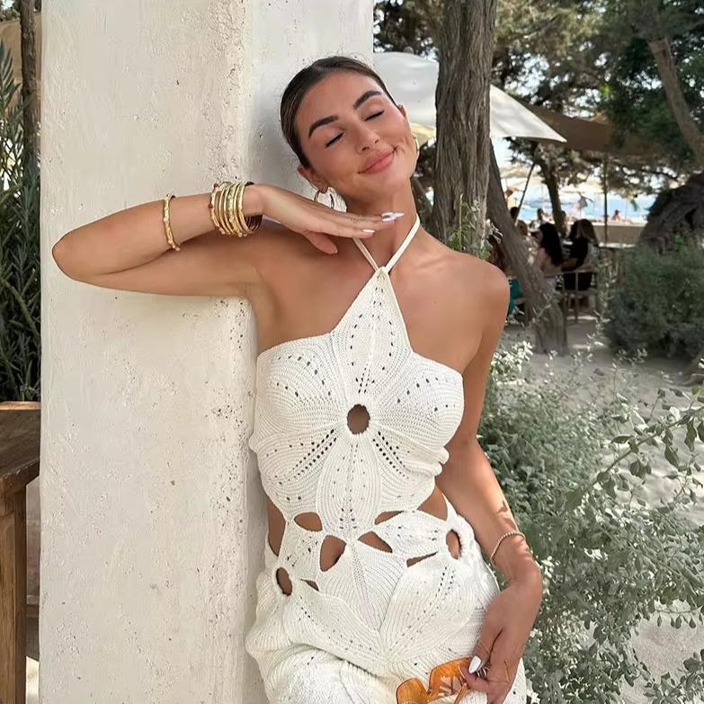 HOLLOWED OUT HOOK KNITTED FLOWER BEACH DRESS