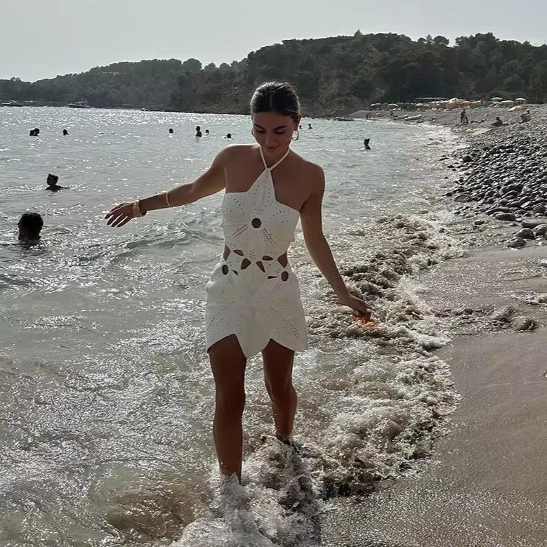 HOLLOWED OUT HOOK KNITTED FLOWER BEACH DRESS