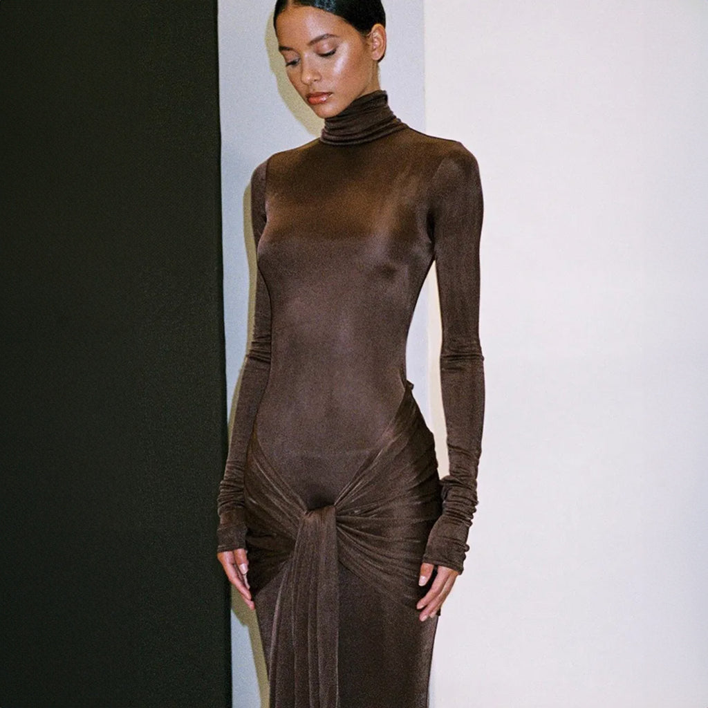 OLVY HIGH NECK LONG SLEEVE MAXI DRESS with TRAIN