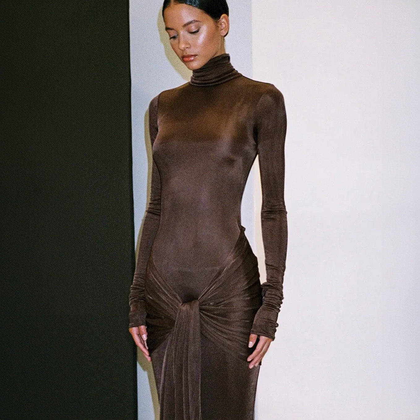 OLVY HIGH NECK LONG SLEEVE MAXI DRESS with TRAIN