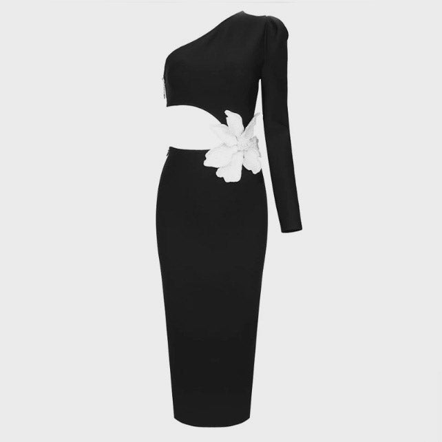 BLACK ONE SHOULDER MIDI DRESS with FLOWER ON THE SIDE