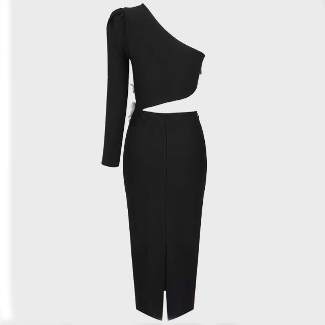 BLACK ONE SHOULDER MIDI DRESS with FLOWER ON THE SIDE
