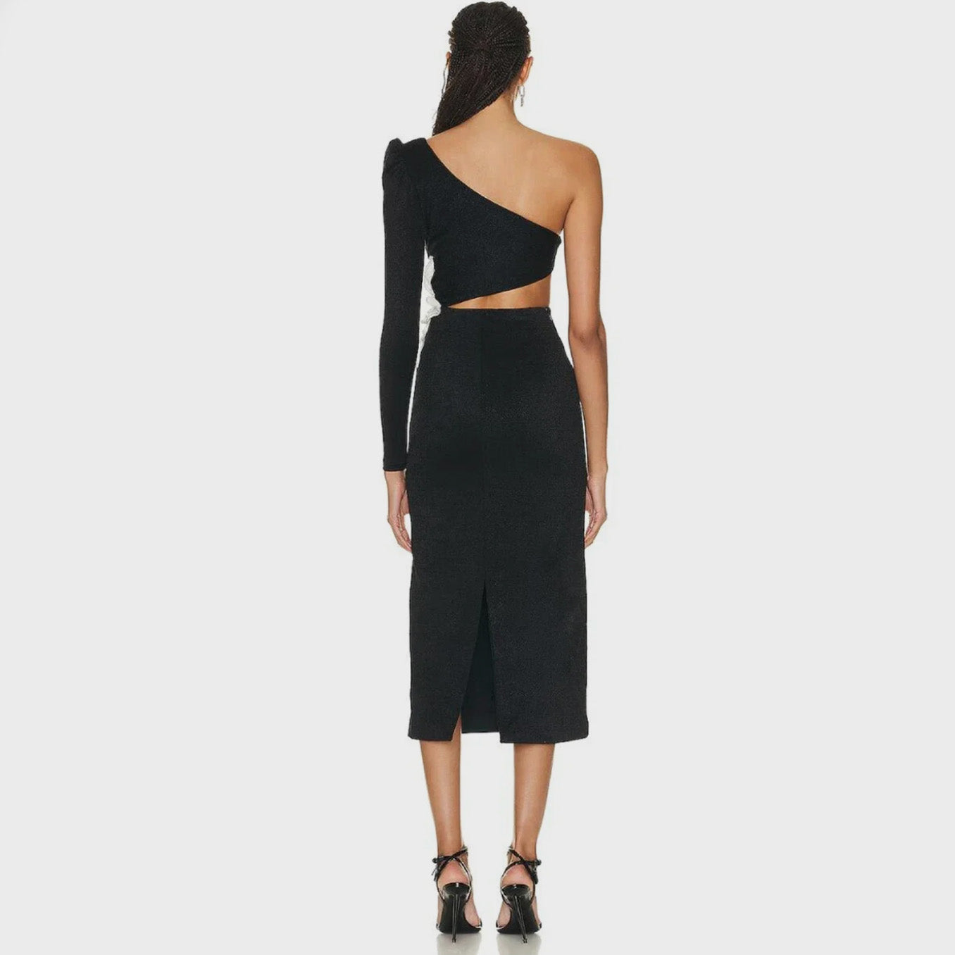 BLACK ONE SHOULDER MIDI DRESS with FLOWER ON THE SIDE