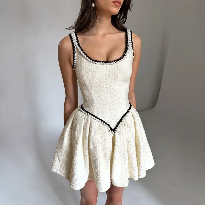 PATCHWORK WHITE MINI DRESS RUFFLES SQUARE COLLAR
