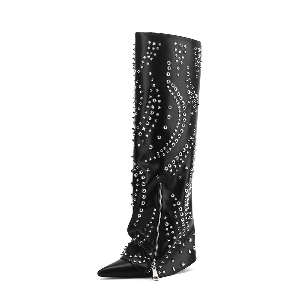 Studded Rhinestone Pointed-Toe Knee-High Boots