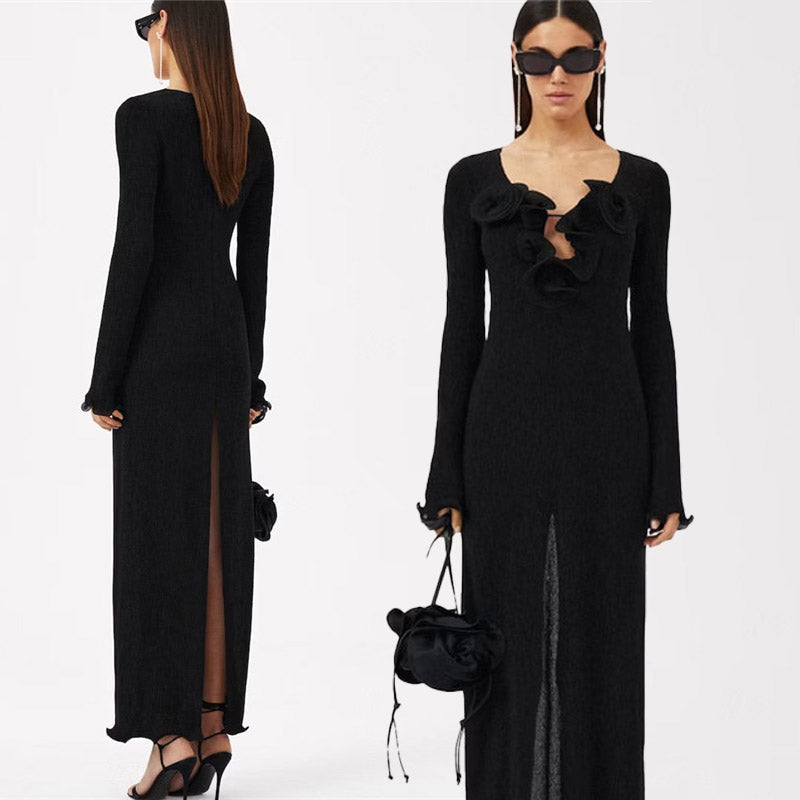 ADALEE LONG SLEEVE MESH MAXI DRESS decorated with FLOWERS