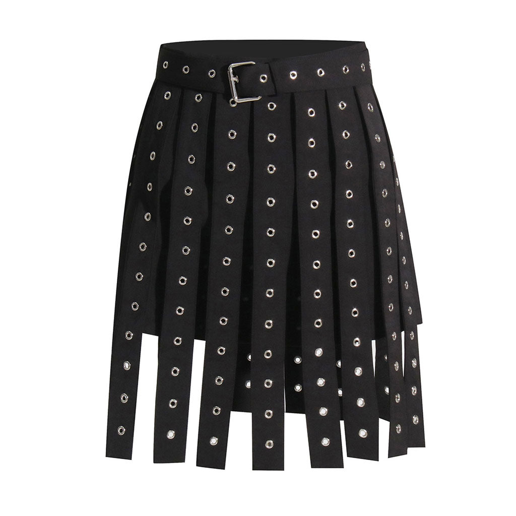 BLACK STRAPPY BELTED SKIRT