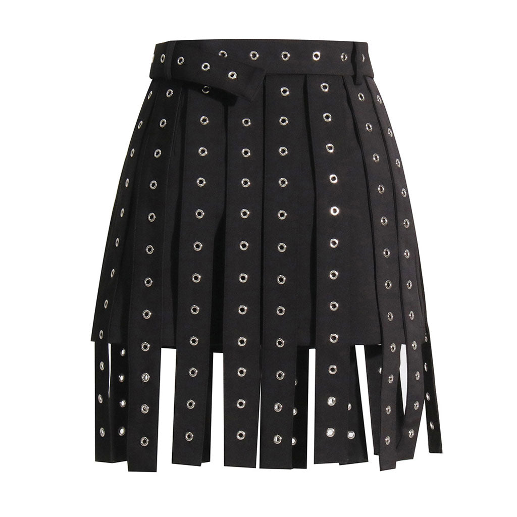BLACK STRAPPY BELTED SKIRT