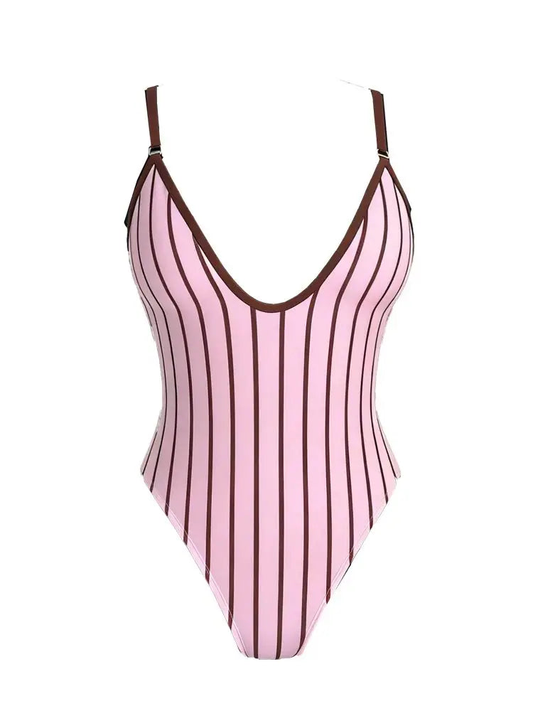 Pink Striped Deep Plunge One Piece Swimsuit With Gold Strap Details