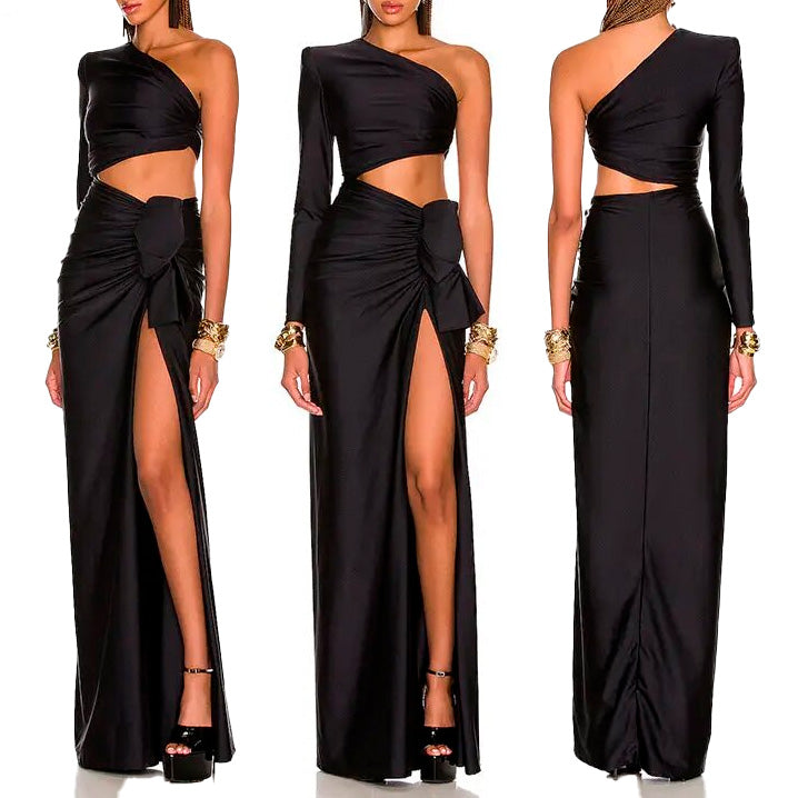 ALIA MAXI BLACK ONE SHOULDER HIGHT SLIT CUT OUT DRESS