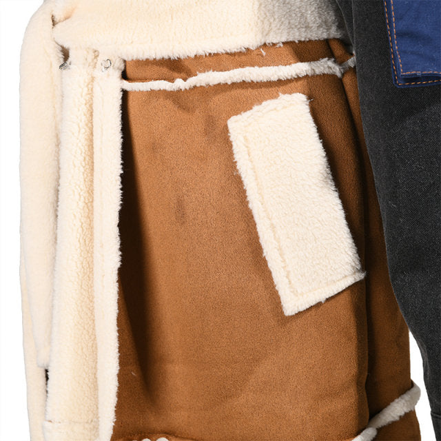 Bridget Patchwork Denim Coat with Faux Shearling – Women’s Long Winter Coat