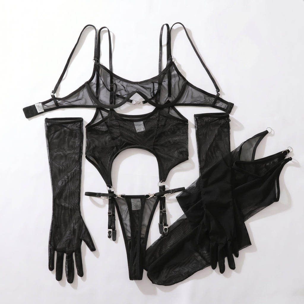 Mesh Breathable Lingerie 6 Piece Set – Ultra Thin Body Shaping Stocking Bodysuit with Garters