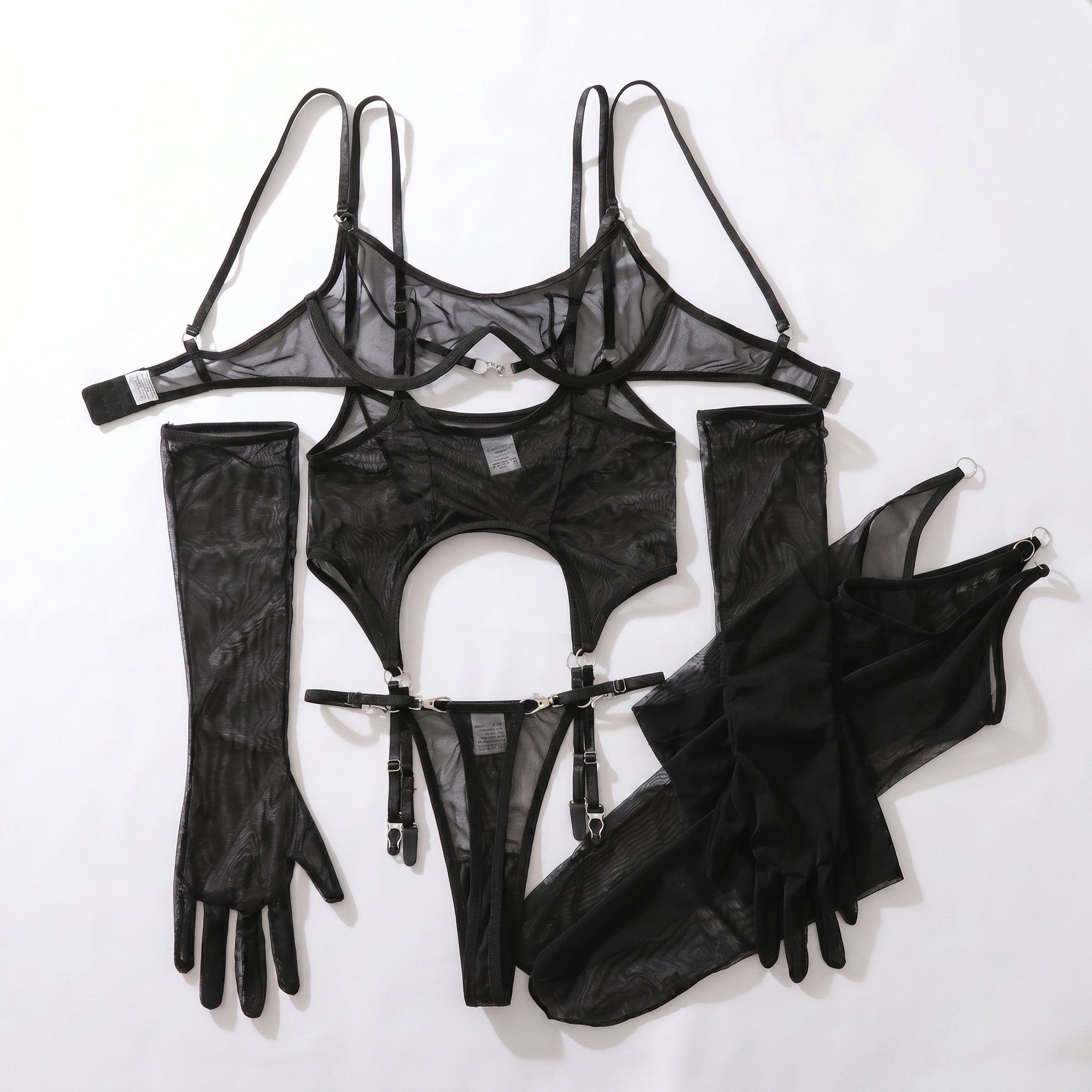 Mesh Breathable Lingerie 6 Piece Set – Ultra Thin Body Shaping Stocking Bodysuit with Garters