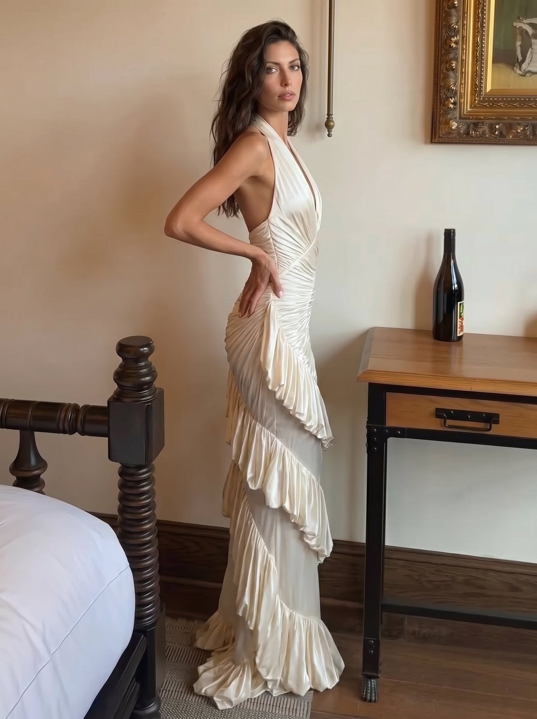 Beige Halter Mermaid Maxi Dress – 3D Ruffle Waist-Cinching Evening Gown