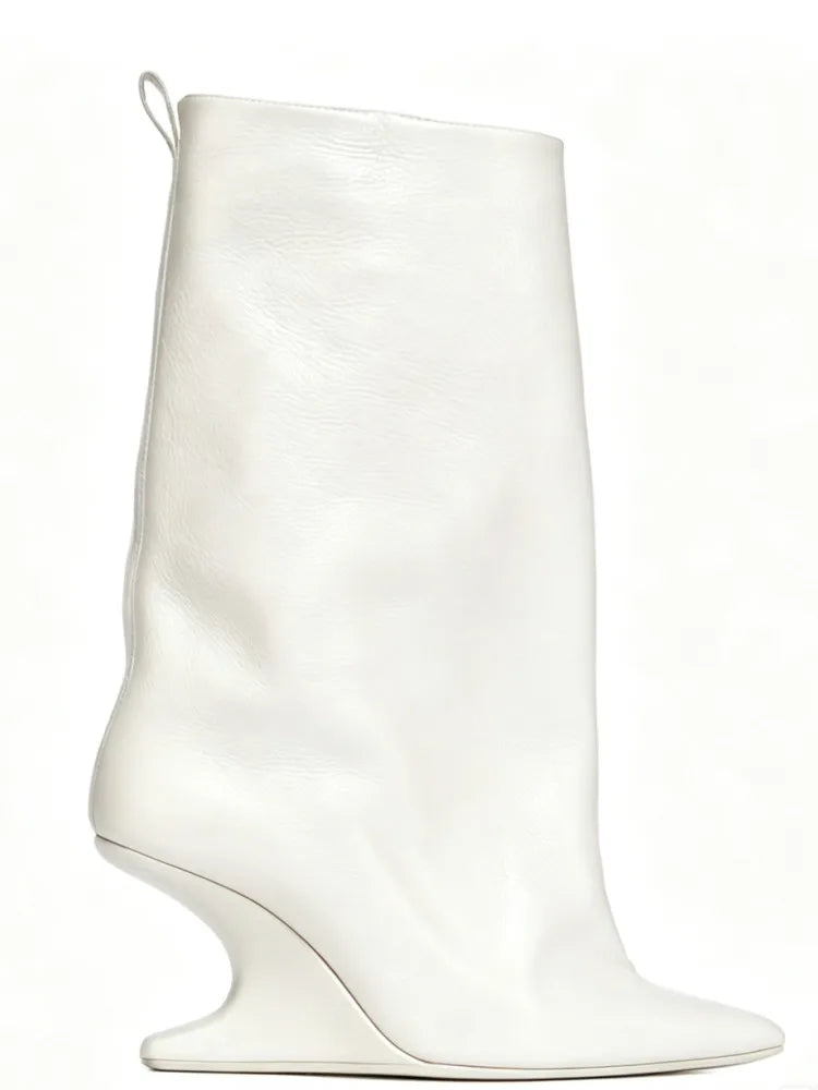 Sculptural Wedge Pointed-Toe Mid-Calf Boots