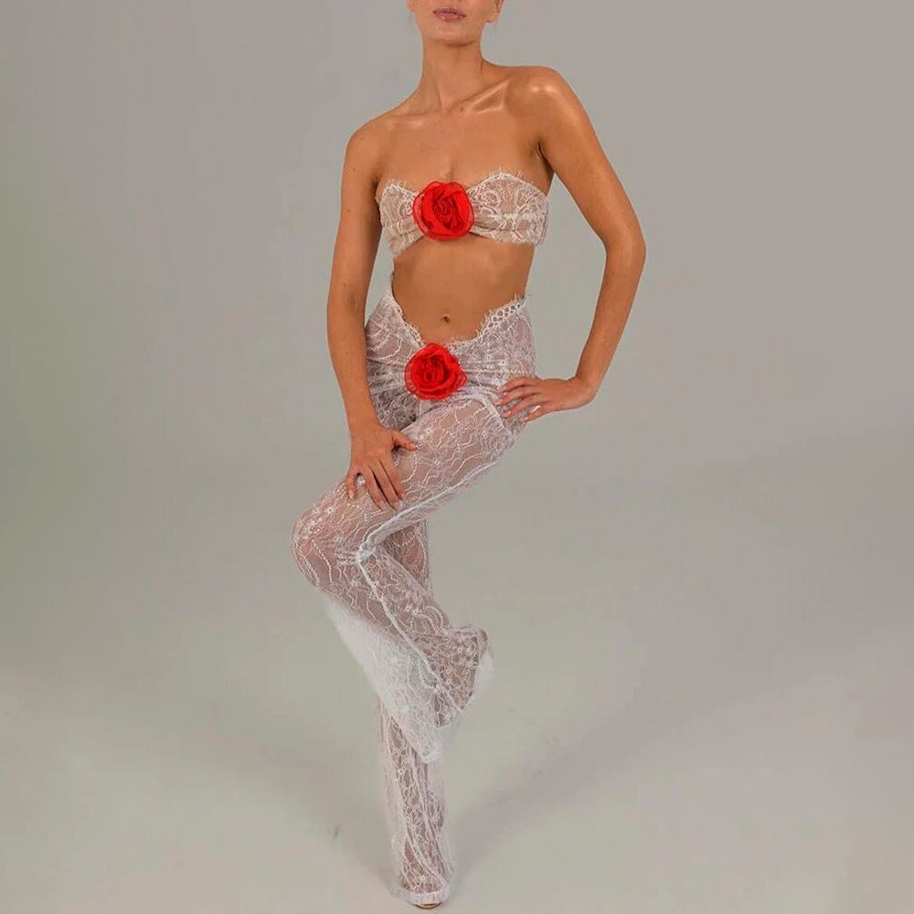ALLEM CUT OUT LACE JUMPSUIT with RED ROSE BOWS
