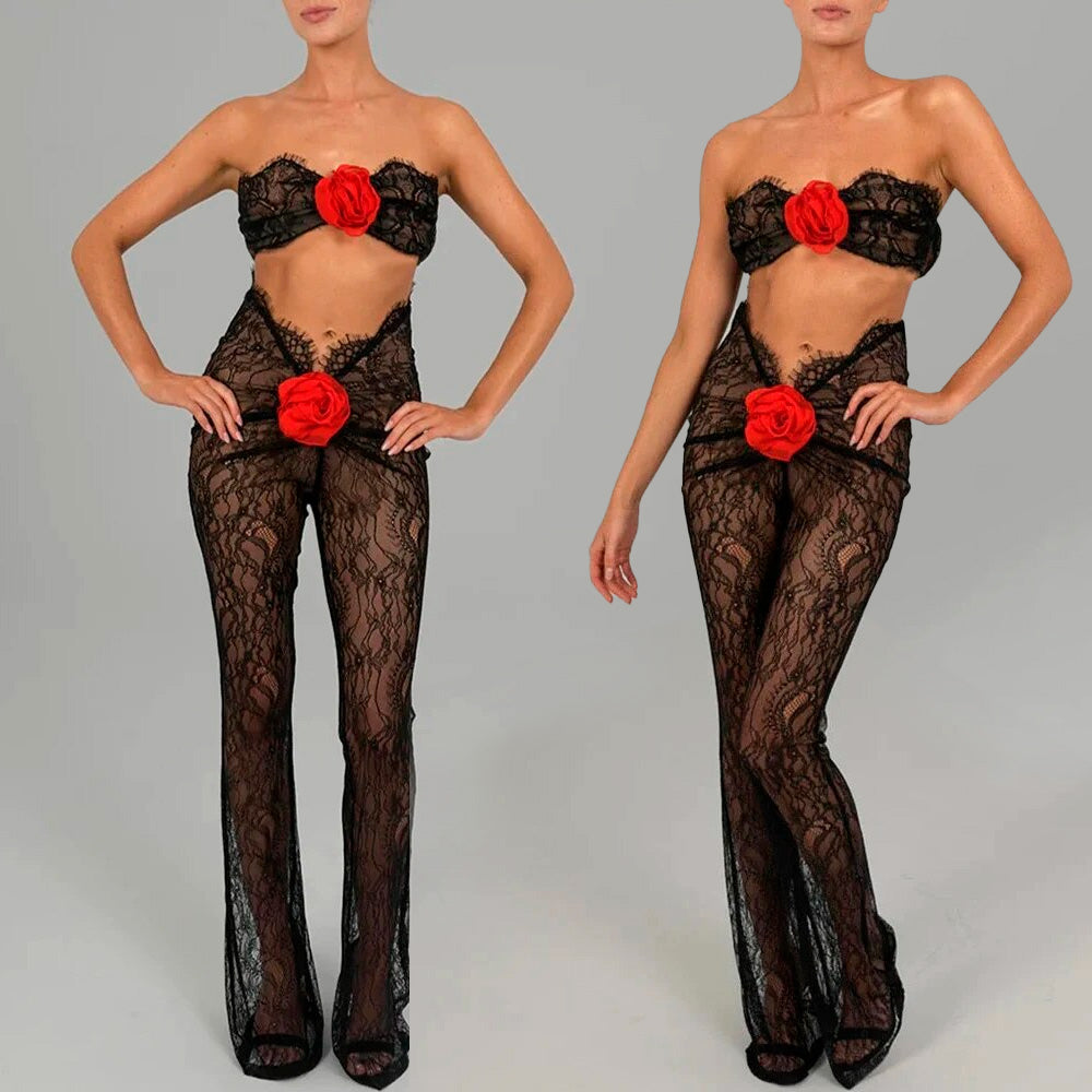 ALLEM CUT OUT LACE JUMPSUIT with RED ROSE BOWS