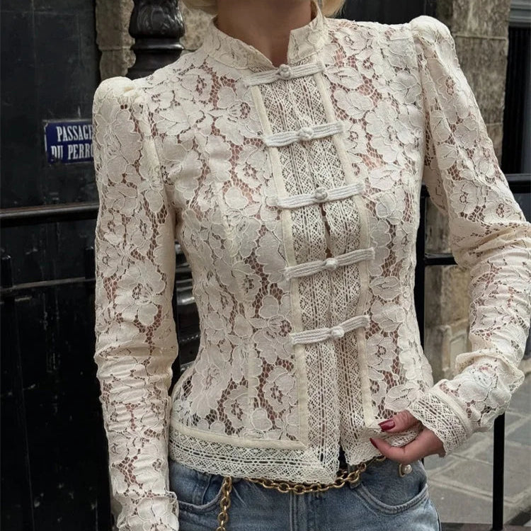 lace blouse women, vintage lace top, sheer blouse black white, romantic lace shirt, mesh long sleeve blouse, victorian style top, elegant see-through blouse