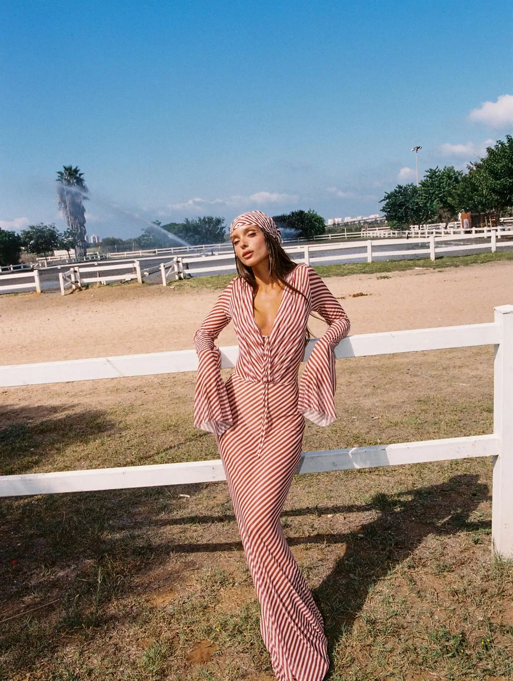 Red White Striped Chiffon Beach Dress Long Sleeve Backless Bikini Cover Up Maxi Dress