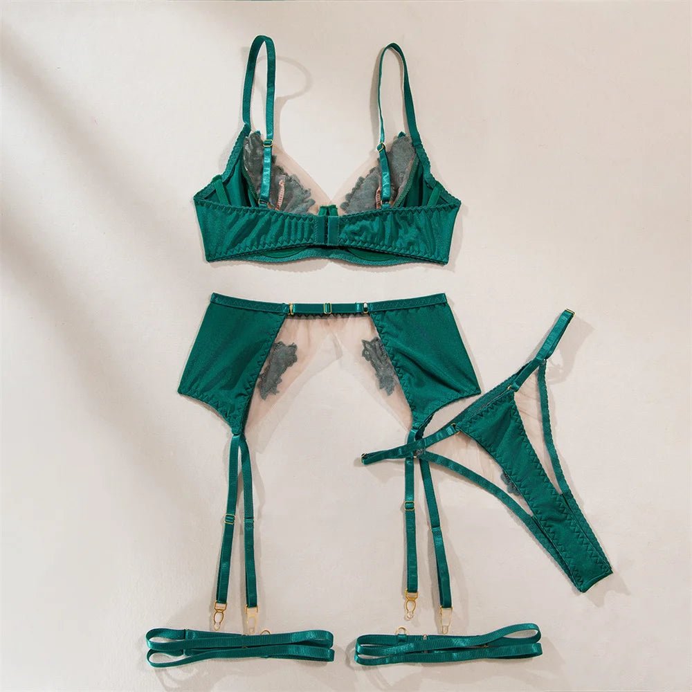 Luxury Embroidered 4 Piece Lingerie Set with Garter Belt and Sheer Lace Details