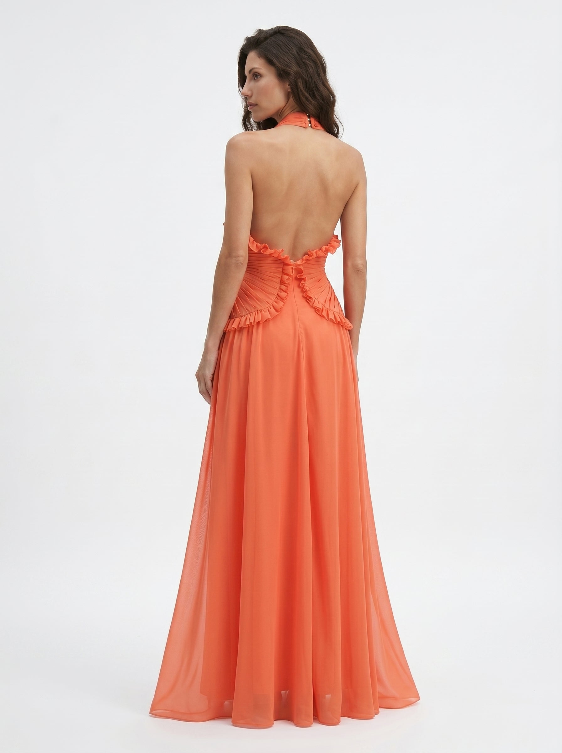 Coral Halter Maxi Dress – Backless V Neck Ruffle Evening Gown