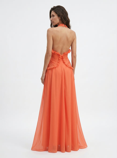 Coral Halter Maxi Dress – Backless V Neck Ruffle Evening Gown