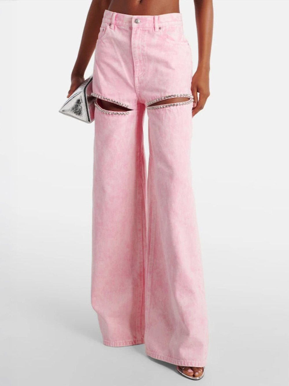 Pink High Waist Wide Leg Denim Trousers with Rhinestone Cut-Out