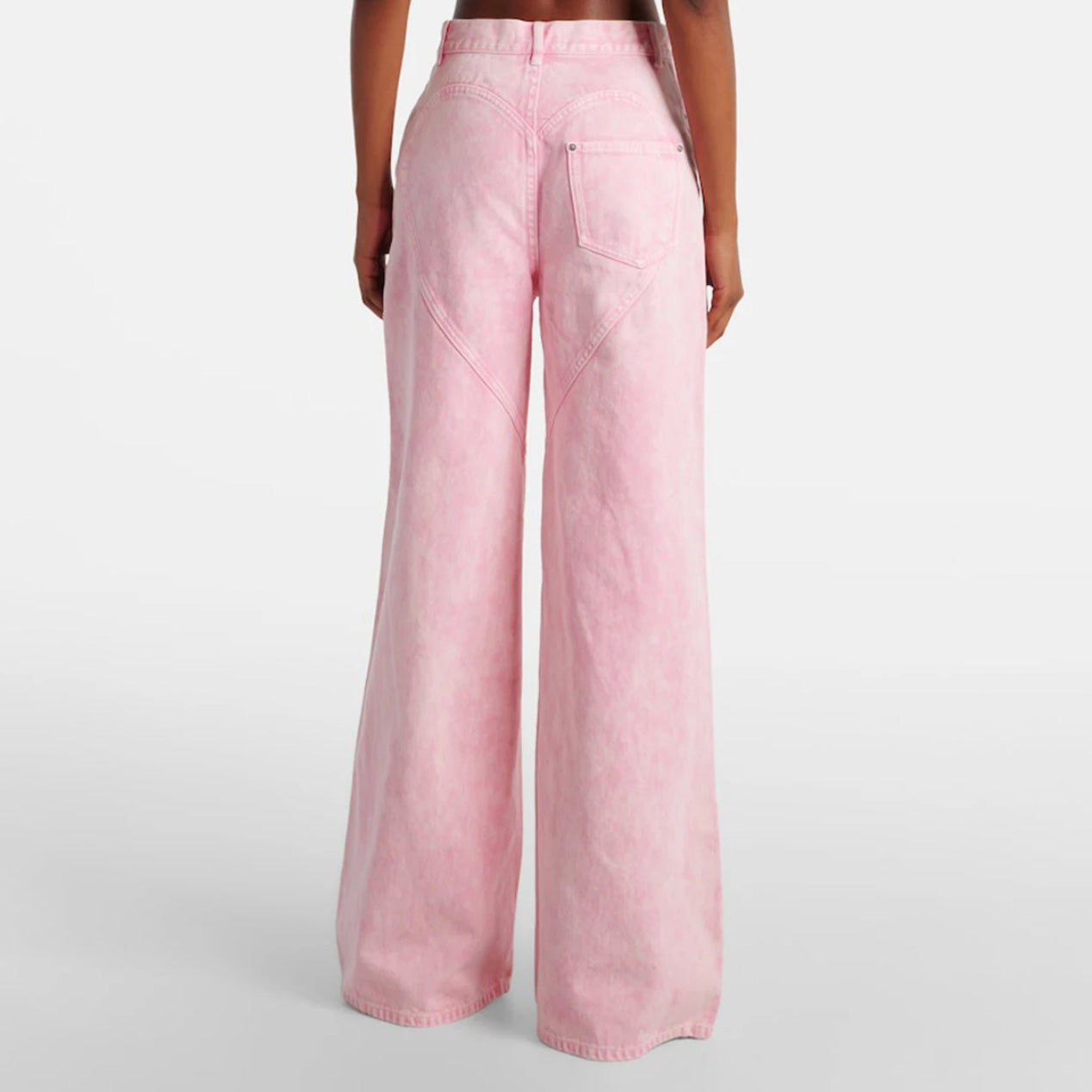 Pink High Waist Wide Leg Denim Trousers with Rhinestone Cut-Out