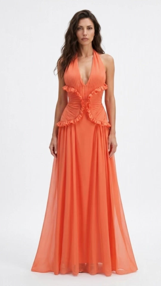 Coral Halter Maxi Dress – Backless V Neck Ruffle Evening Gown