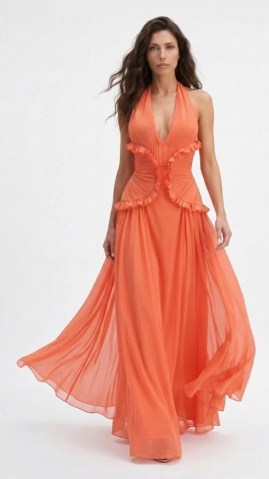 Coral Halter Maxi Dress – Backless V Neck Ruffle Evening Gown