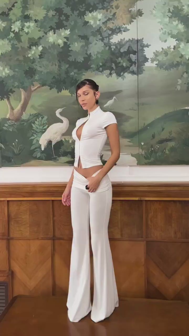 Black and White Cutout Two Piece Set with Front Clasp Top and High Waist Pants