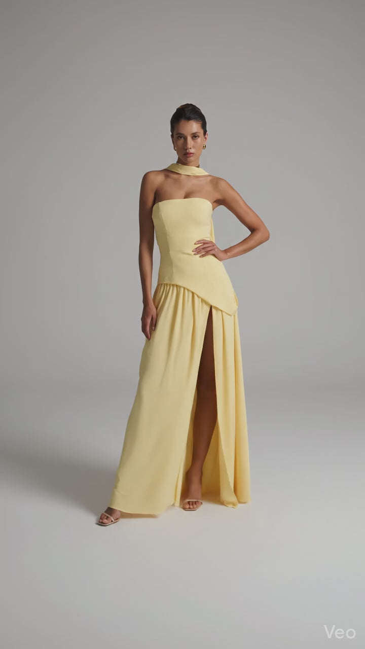 Strapless Pleated Maxi Dress with Scarf Detail and High Slit for Women